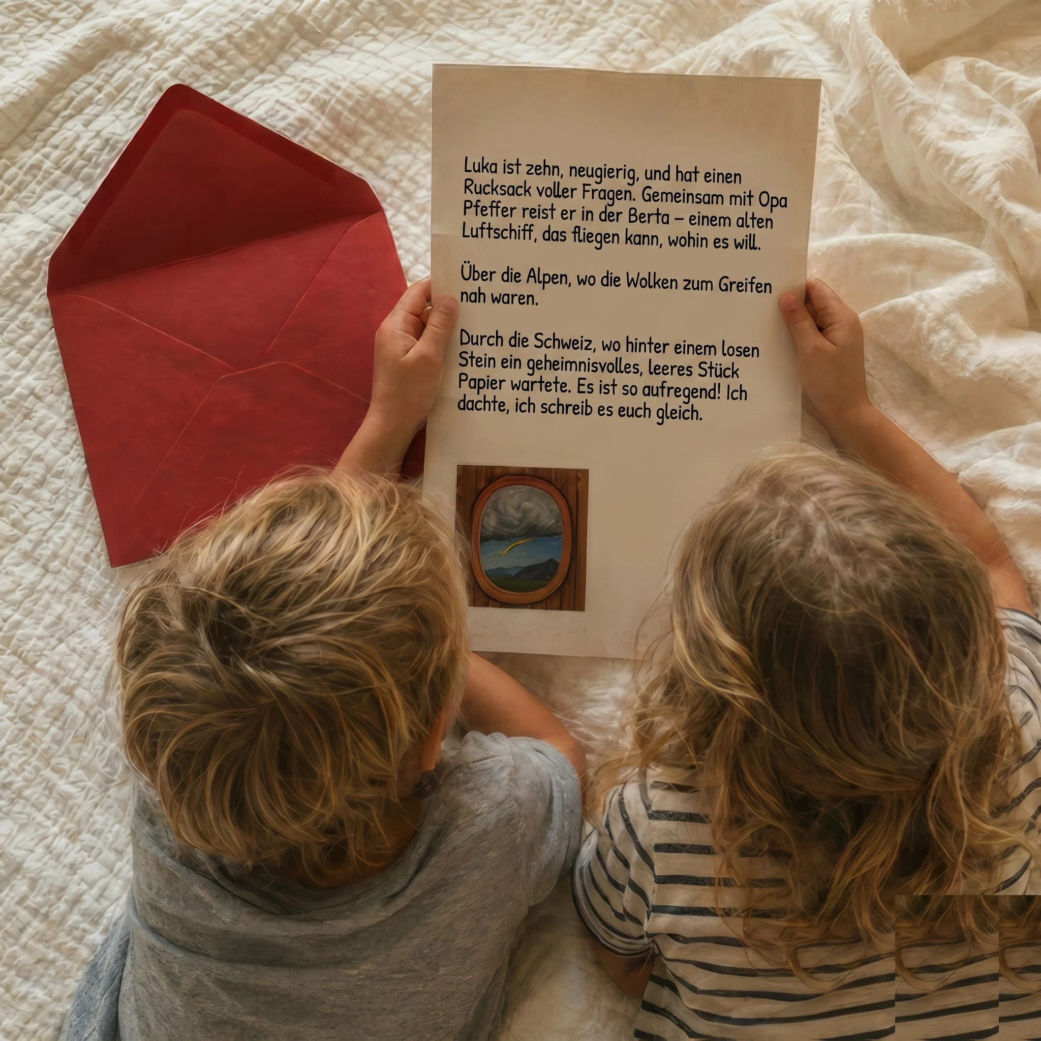 Zwei Kinder lesen gemeinsam einen Wunderbrief